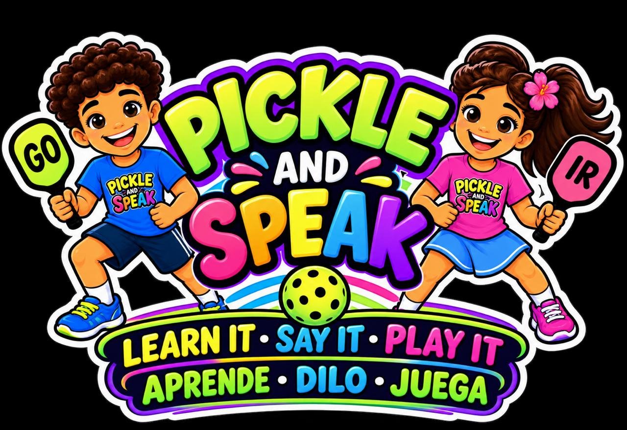 Personajes de Pickle and Speak con palas de colores: aprende, dilo y juega.