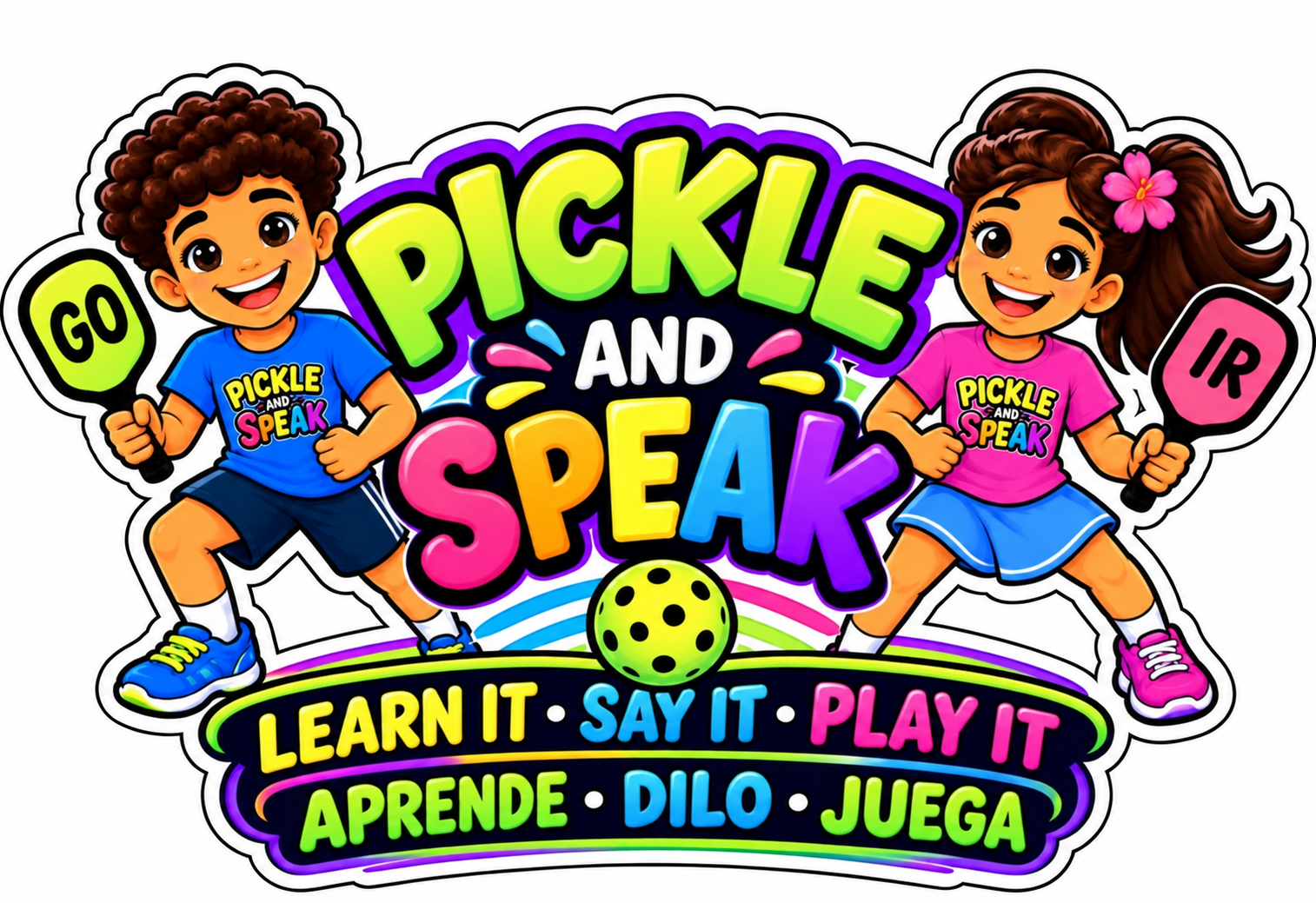 Pickle and Speak characters with colorful paddles: learn it, say it, play it.